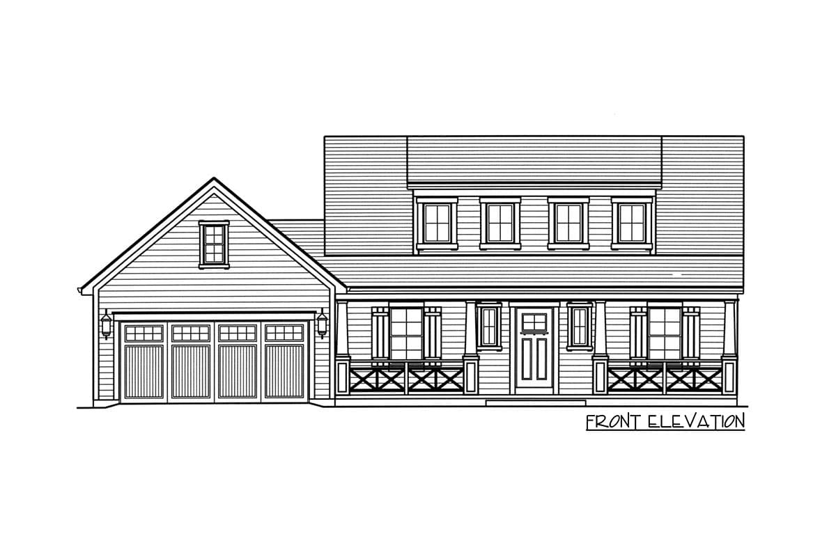 Front elevation drawing of a two-story house plan with a side-entry garage, dormers, and a covered front porch with X-bracing.