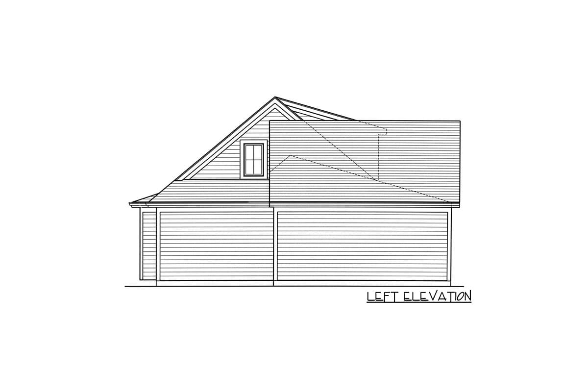 Left elevation drawing of a house plan showing siding, a gable roof, and a dormer window.