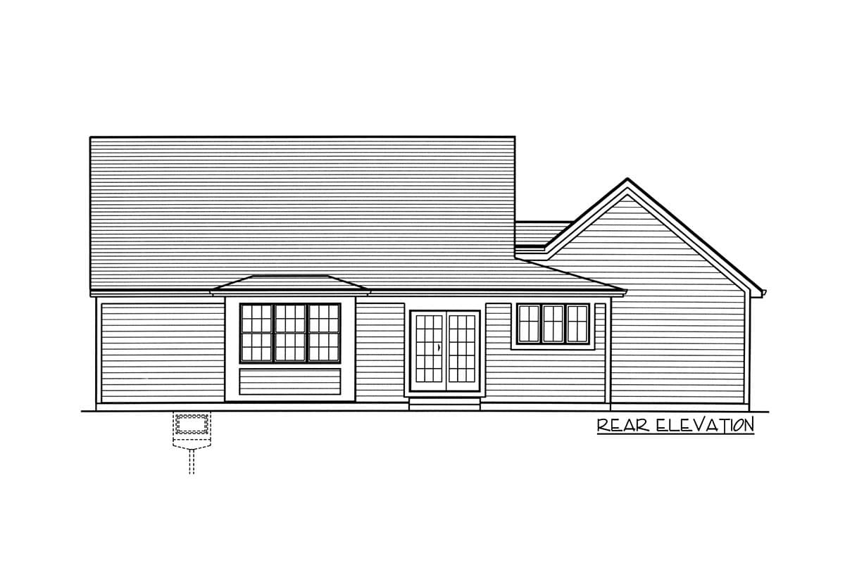 Rear elevation house plan drawing with a bay window, French doors, and multi-pane windows.