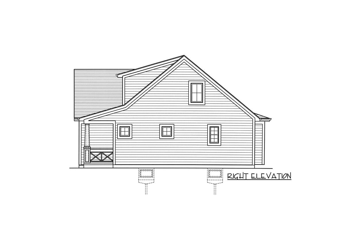 Right elevation drawing of a two-story house plan with gabled roof, dormer, and covered porch with cross bracing.