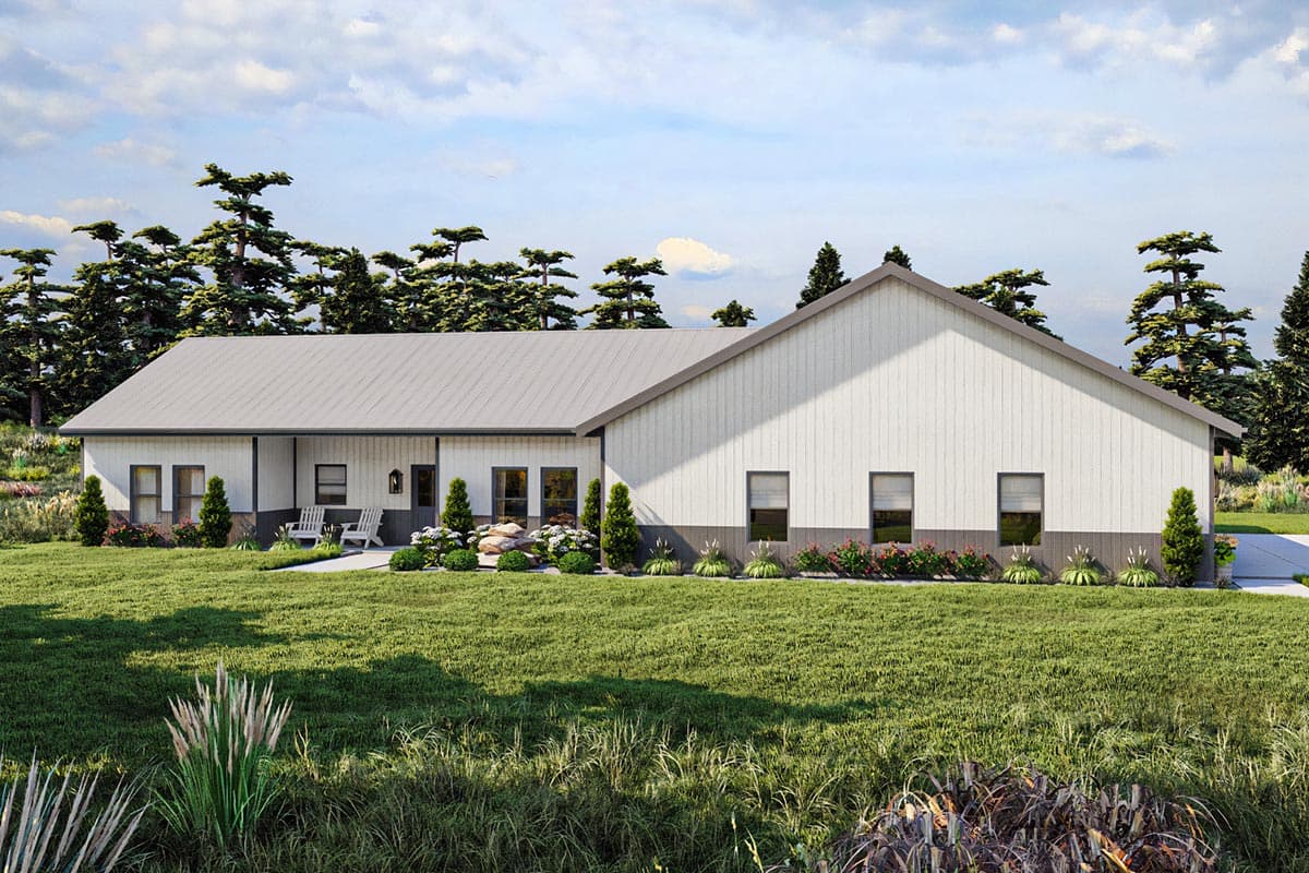 House plan exterior with a metal roof, front porch, and gable roofline. One-story home with board and batten siding.