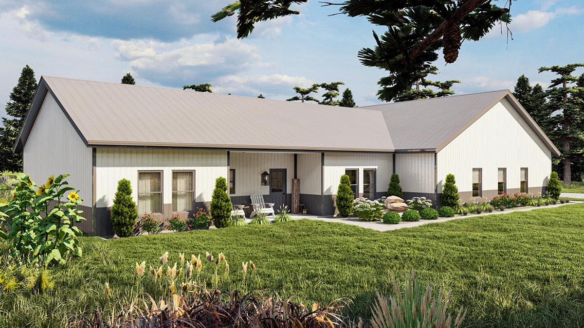 Modern Farmhouse house plan exterior, one story, metal roof, covered porch with seating, and gabled ends.