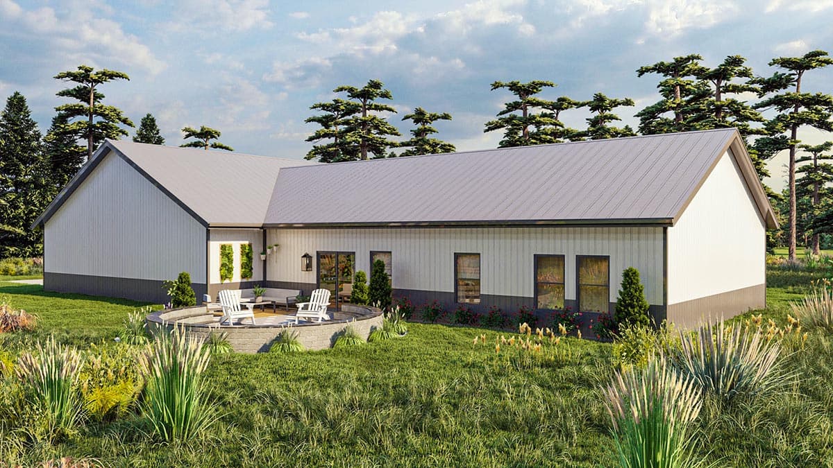 Modern house plan exterior, one story, featuring a metal gable roof, white paneled siding, and a rear patio with seating.