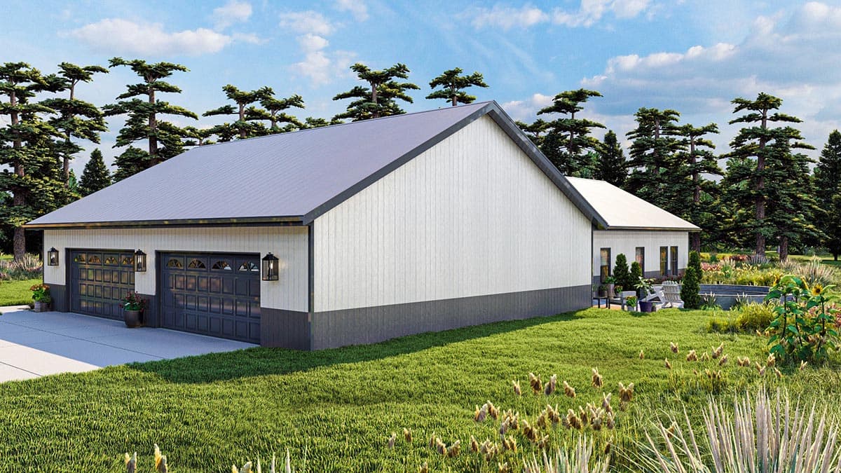 House plan exterior view shows a two-car garage with glass-paneled doors and a light siding finish.