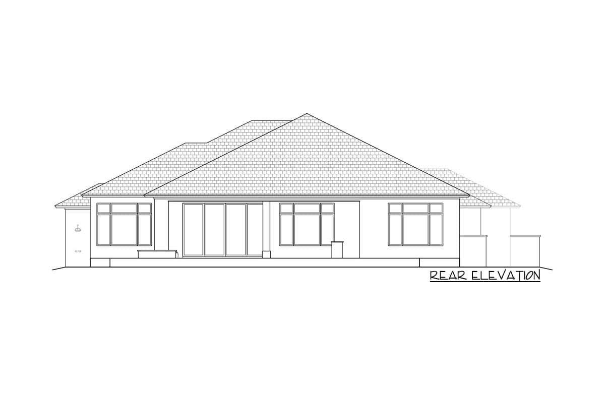 Rear elevation house plan drawing showing a single-story home with a hip roof, multiple windows, and sliding glass doors.