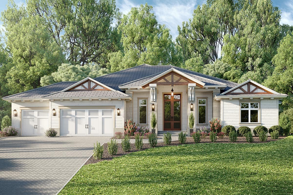 House plan exterior. Craftsman-style, single-story home with a gabled roof, timber-framed entry, and a three-car garage.