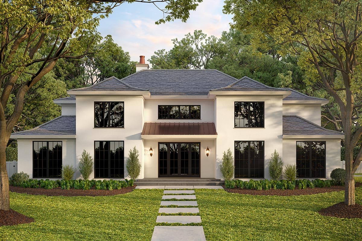 House plan exterior. Two-story home with a hipped roof, dormers, and a covered entry. Features symmetrical facade and large windows.