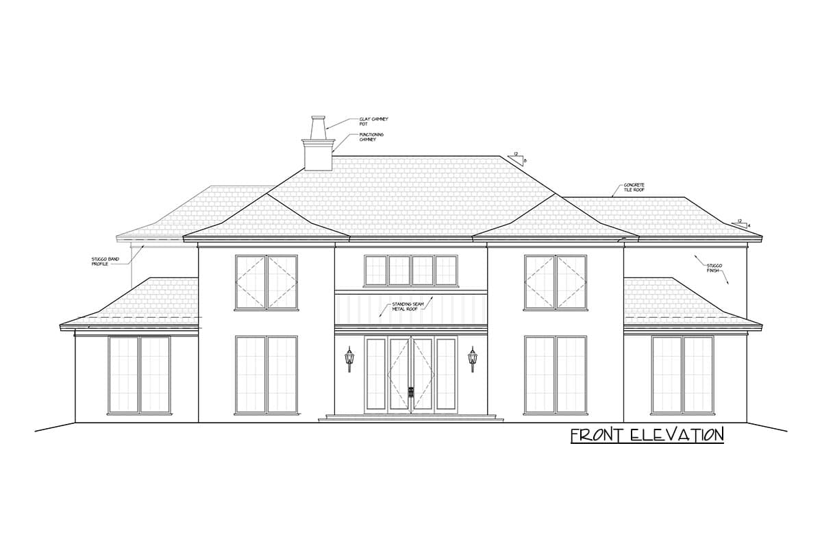 Front elevation drawing of a two-story house with stucco finish, prominent gables, and concrete tile roof.