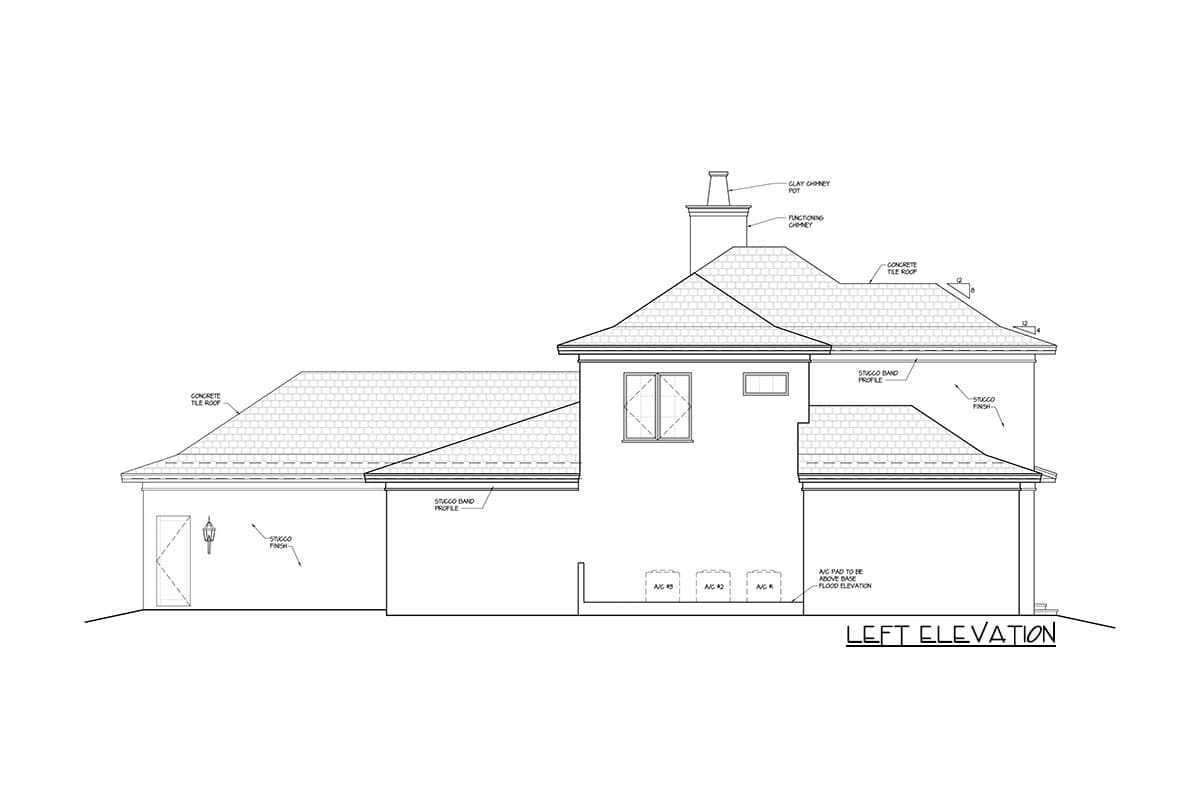 Left elevation drawing of a house plan with a concrete tile roof, stucco band profile, and chimney.