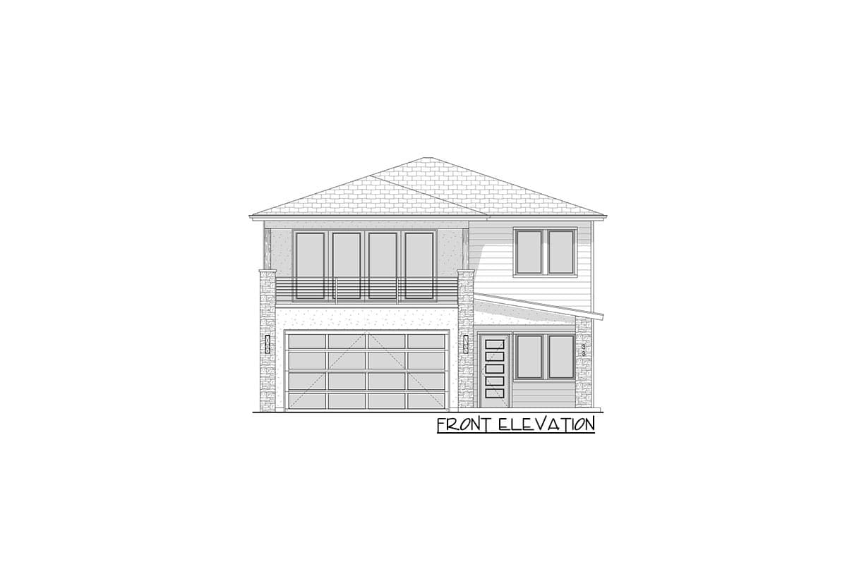 Front elevation drawing of a two-story house with a pitched roof, balcony, large garage door, and stone accents.