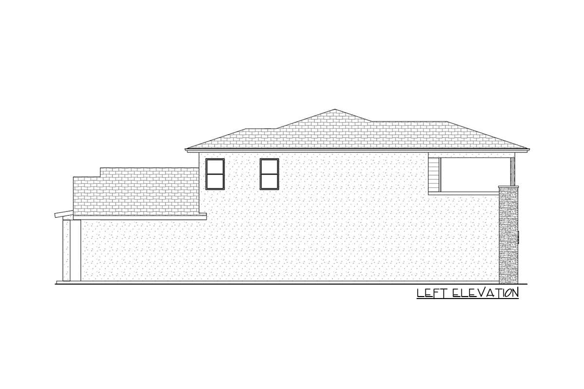 Left elevation drawing of a two-story house plan with gabled roof, brick facade, and covered patio.