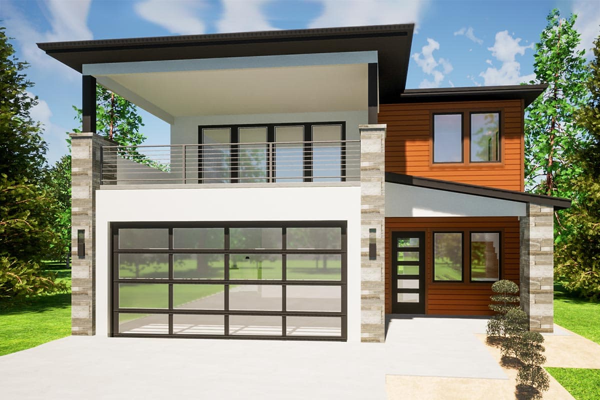 House plan exterior featuring a two-story Modern style with a flat roof, balcony, glass garage door, and horizontal siding accents.