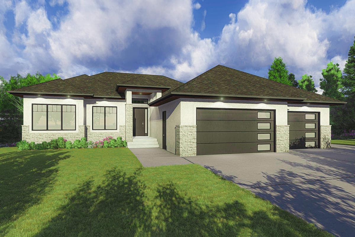 House plan exterior. Single-story design with contemporary style. Features include a side-entry garage, gable roof, and stone accents.