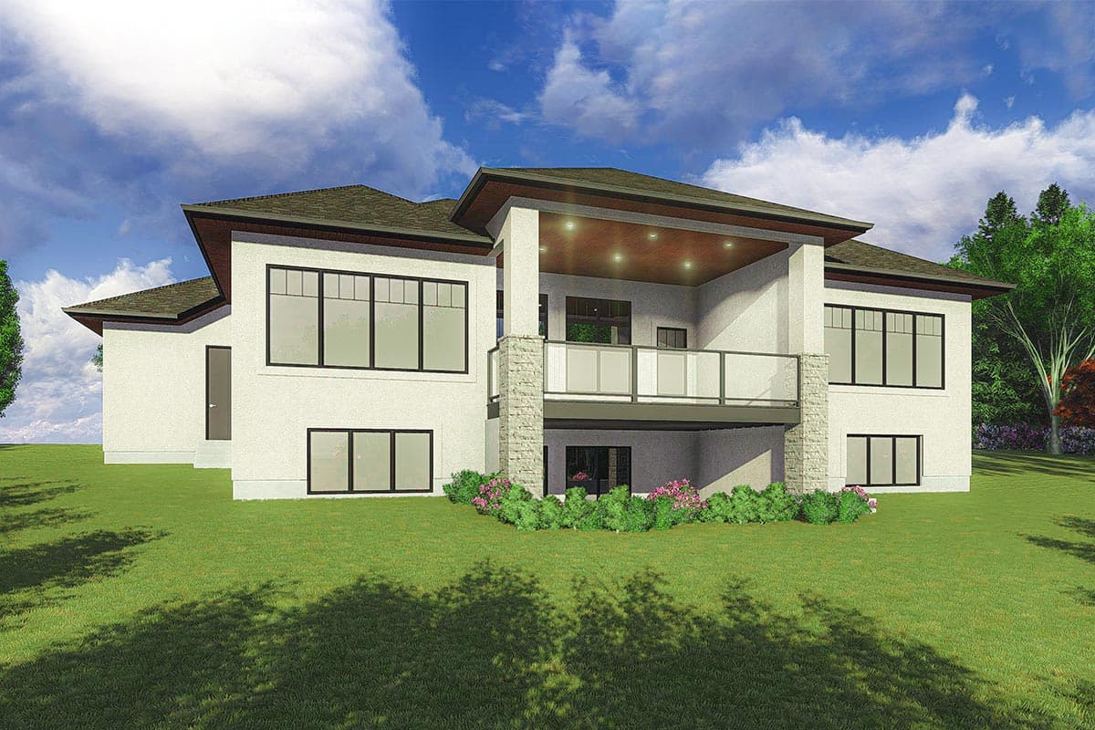 House plan exterior view of a two-story modern home with a covered balcony, large windows, and stone accents.