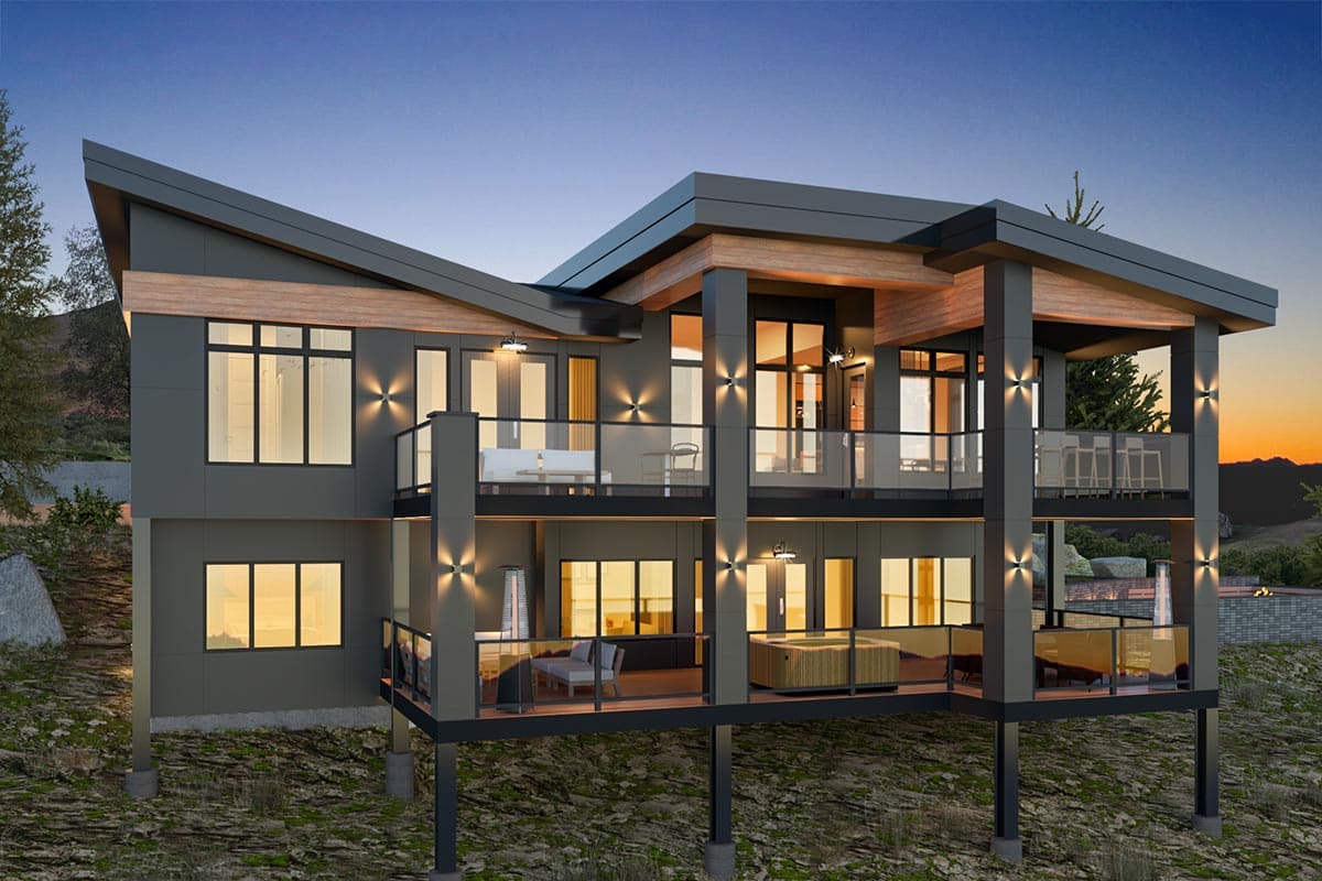 Modern two-story house plan exterior with asymmetrical rooflines, multiple balconies, and large windows.