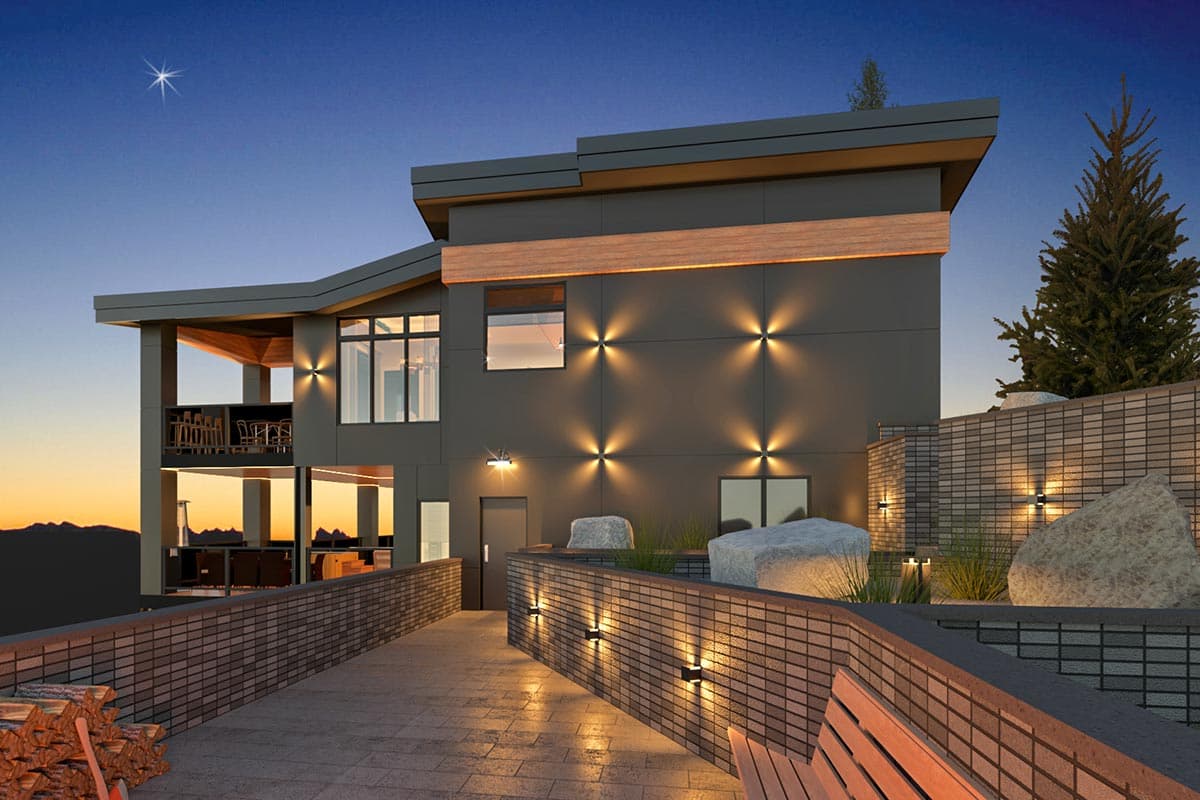 Modern house plan exterior with multiple levels, cantilevered upper story, large windows, and wood accents.