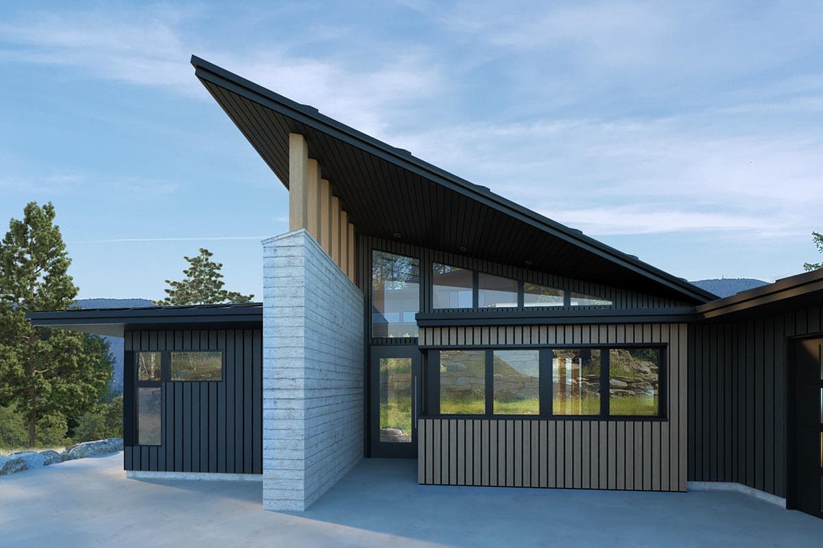 Modern house plan exterior with asymmetrical roofline, horizontal siding, and large windows.