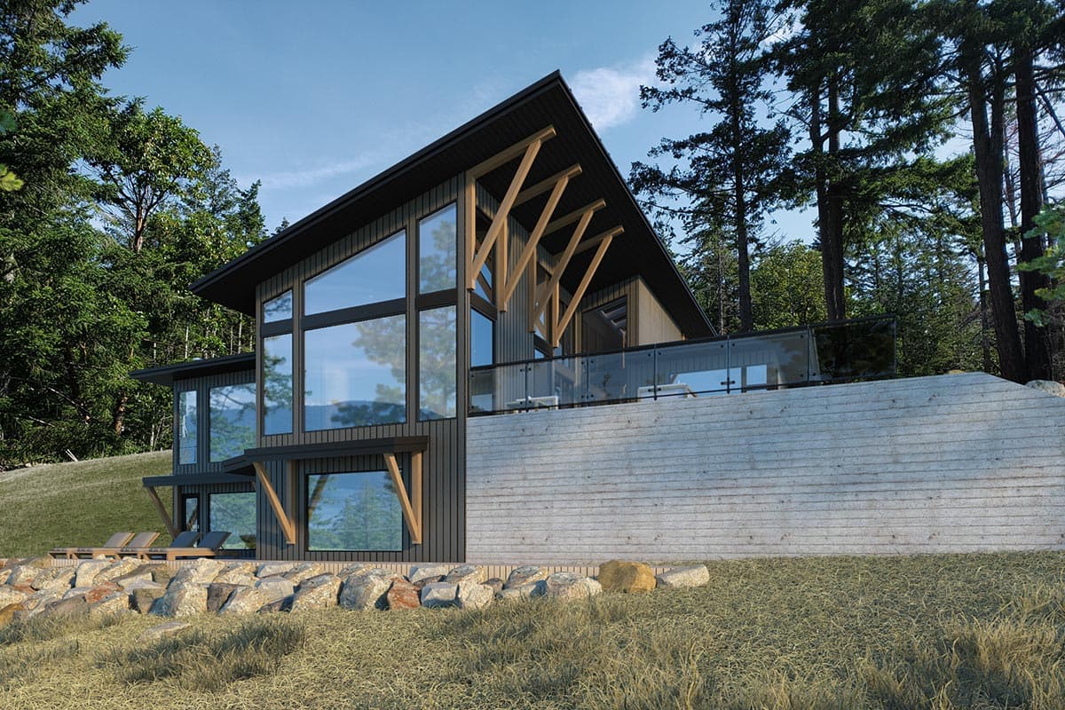 Modern house plan exterior with a steep gable roof, expansive windows, cantilevered sections, and wood structural supports.
