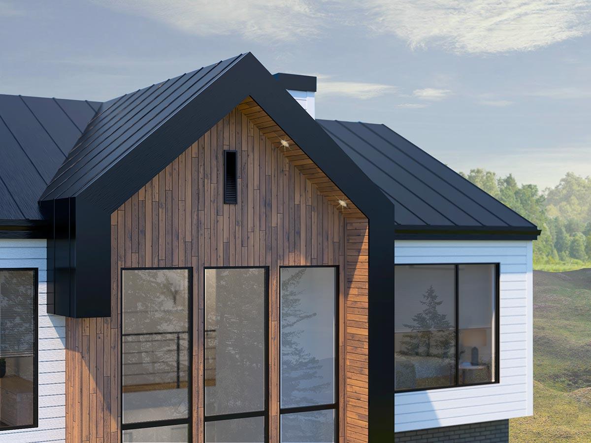 Modern house plan exterior with vertical wood siding, dark metal roof, and large windows.