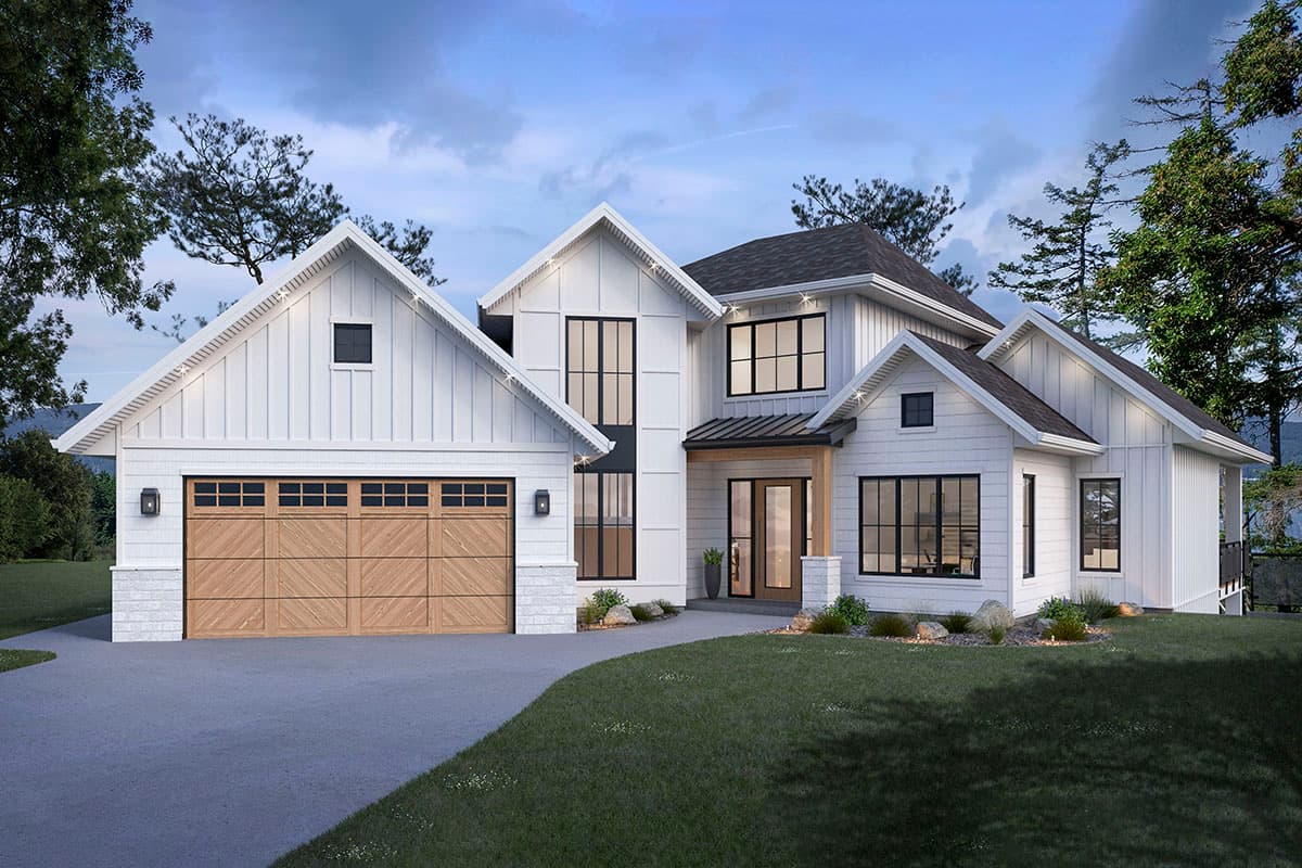House plan exterior. Modern Farmhouse style, two-story home with multiple gables, wood garage door, and a covered entry porch.