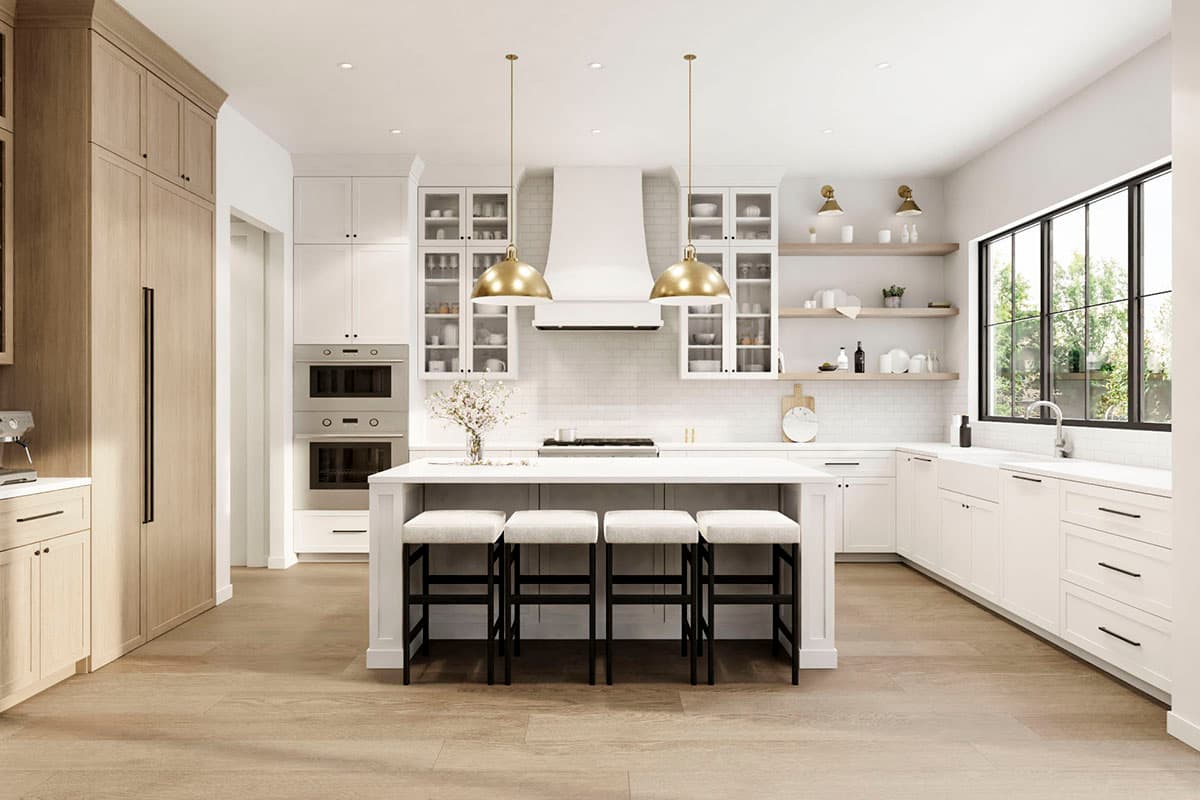 Modern kitchen with island, white cabinets, built-in ovens, and a large black-framed window.