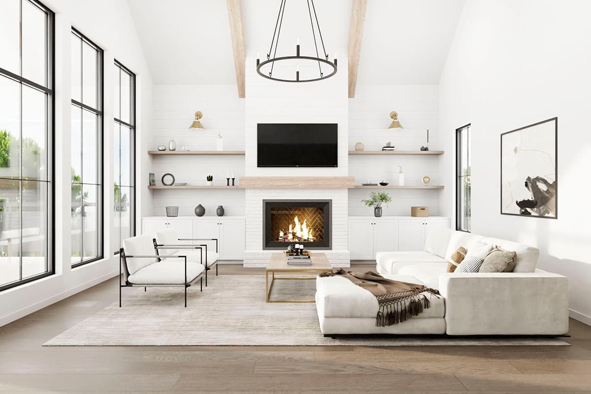 Interior rendering of a great room with vaulted ceiling, fireplace, large windows, and sectional sofa.
