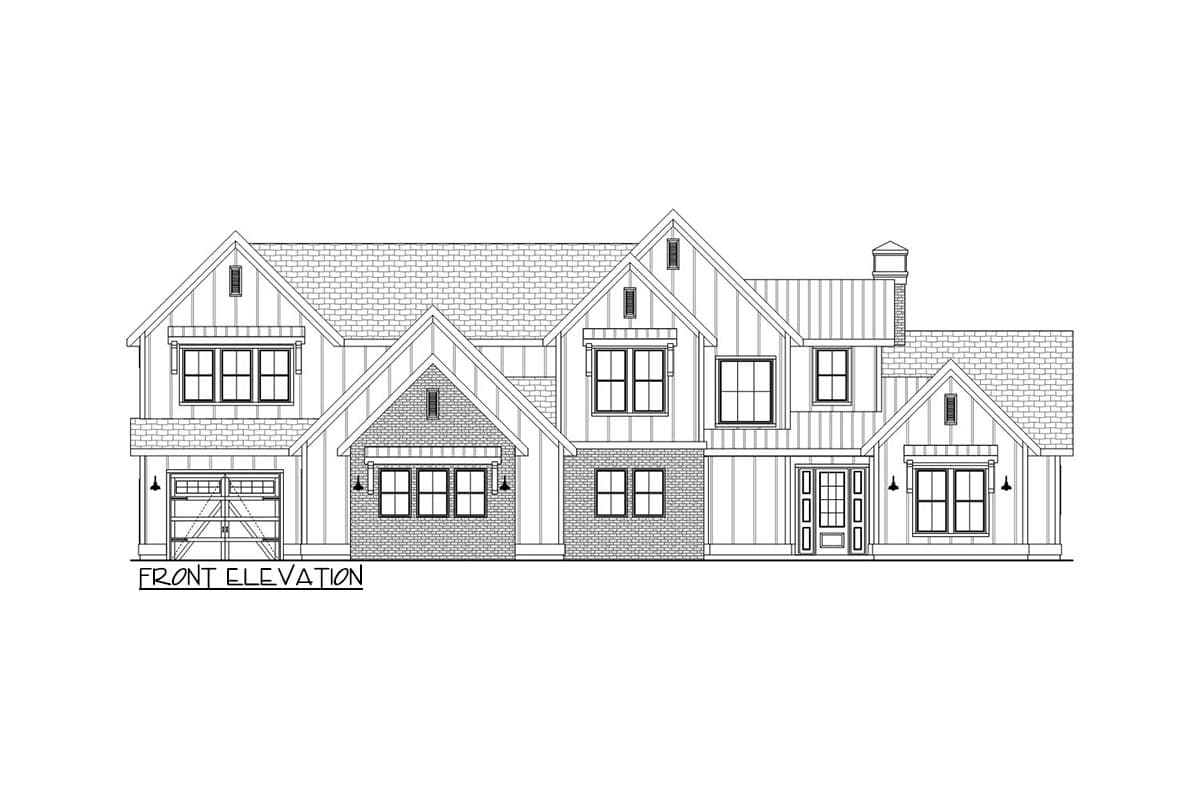 Front elevation drawing of a two-story house plan featuring gables, varied window styles, a brick facade section, and an attached garage.