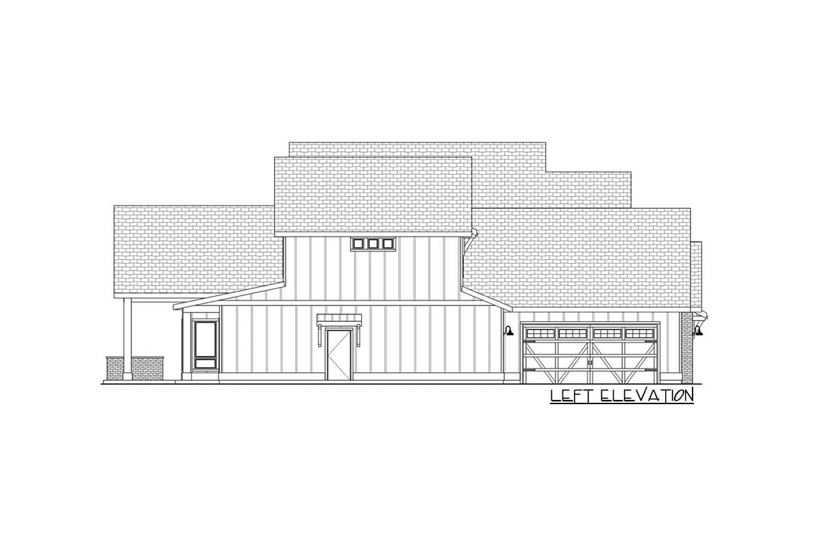 Left elevation house plan with layered rooflines, vertical siding, a two-car garage, and a covered entry.