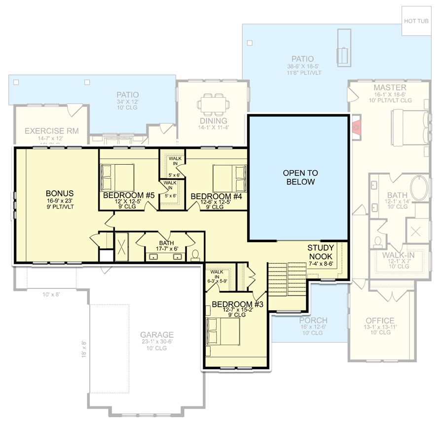 Plan 580023DFT: 4500 Square Foot 5-Bed New American House Plan with 2-Story Great Room - Floor Plan - 2nd Floor - Country, Craftsman, Farmhouse, Modern Farmhouse, New American, Traditional
