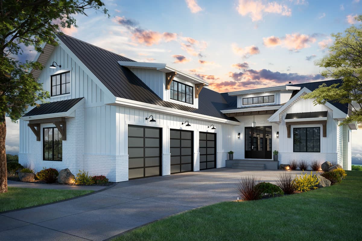 Modern farmhouse exterior. Two-story house plan with a three-car garage, multiple gables, and dark metal rooflines. Features front entry porch.