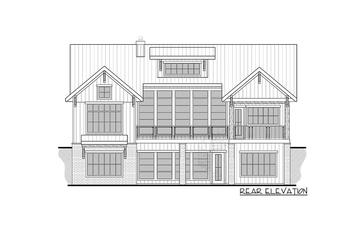 Rear elevation drawing of a two-story house plan featuring gables, a dormer, and numerous large windows.