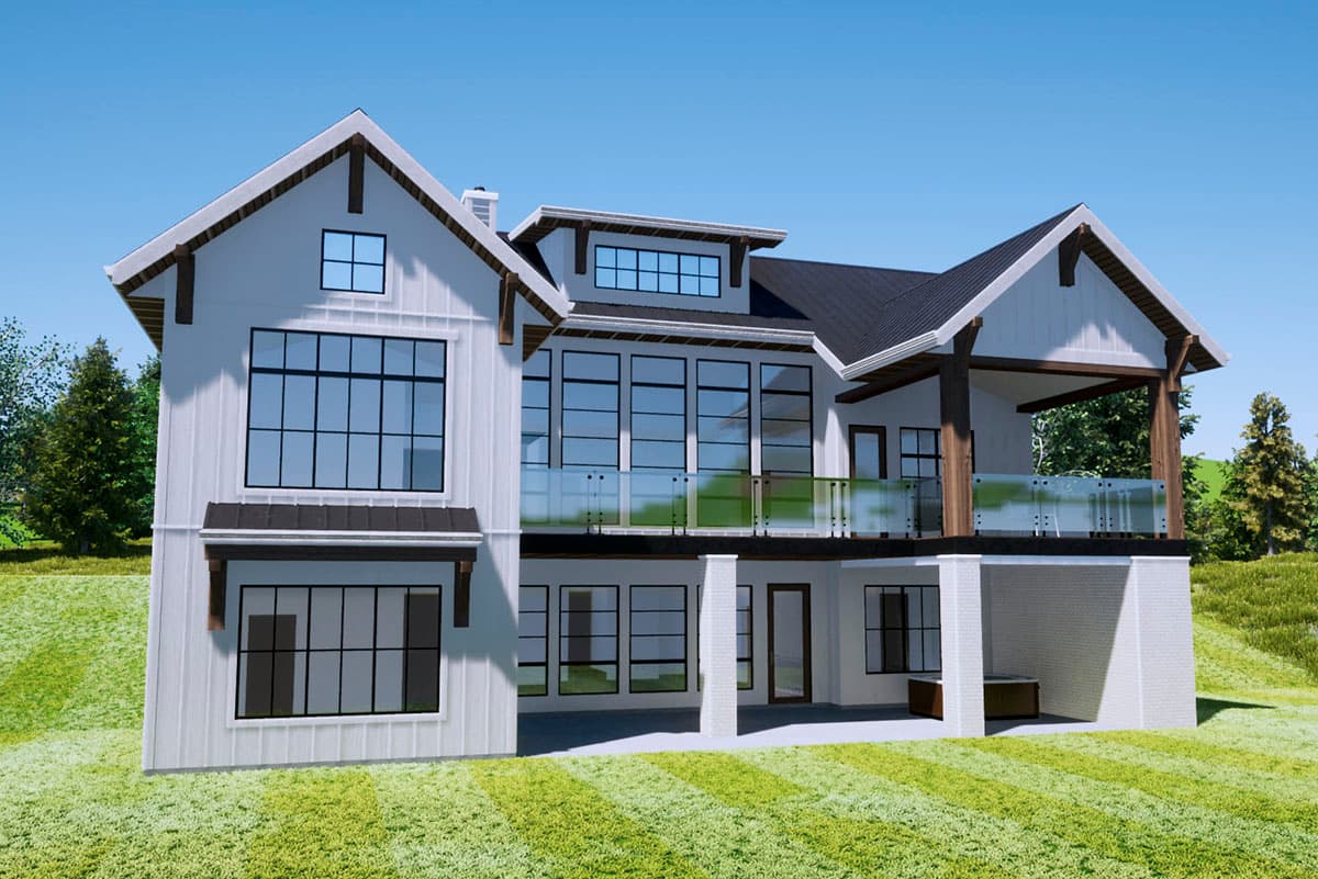 Modern farmhouse house plan exterior with multiple gables, large windows, covered porch, and glass balcony.