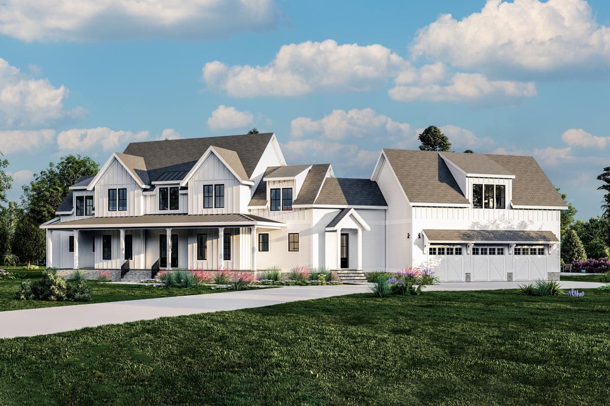 House plan exterior. Two-story Modern Farmhouse with a covered porch, gabled rooflines, dormers, and an attached garage.