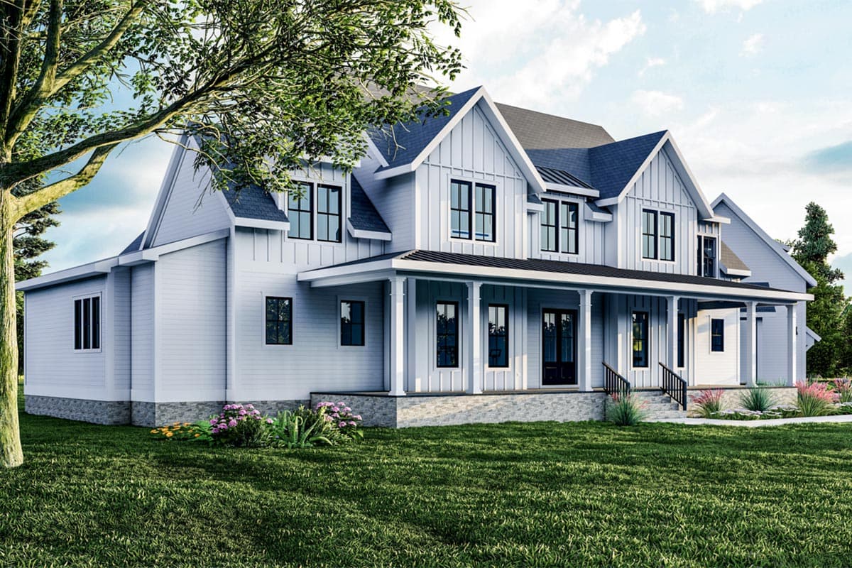 Modern Farmhouse house plan exterior with a full-width covered porch, multiple gables, and vertical siding.