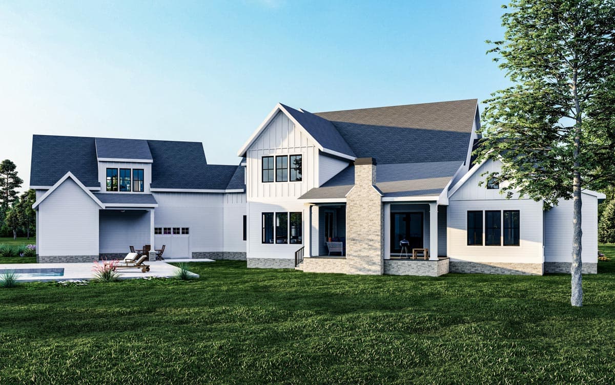 Modern Farmhouse house plan exterior with gables, dormers, stone chimney, and attached garage.