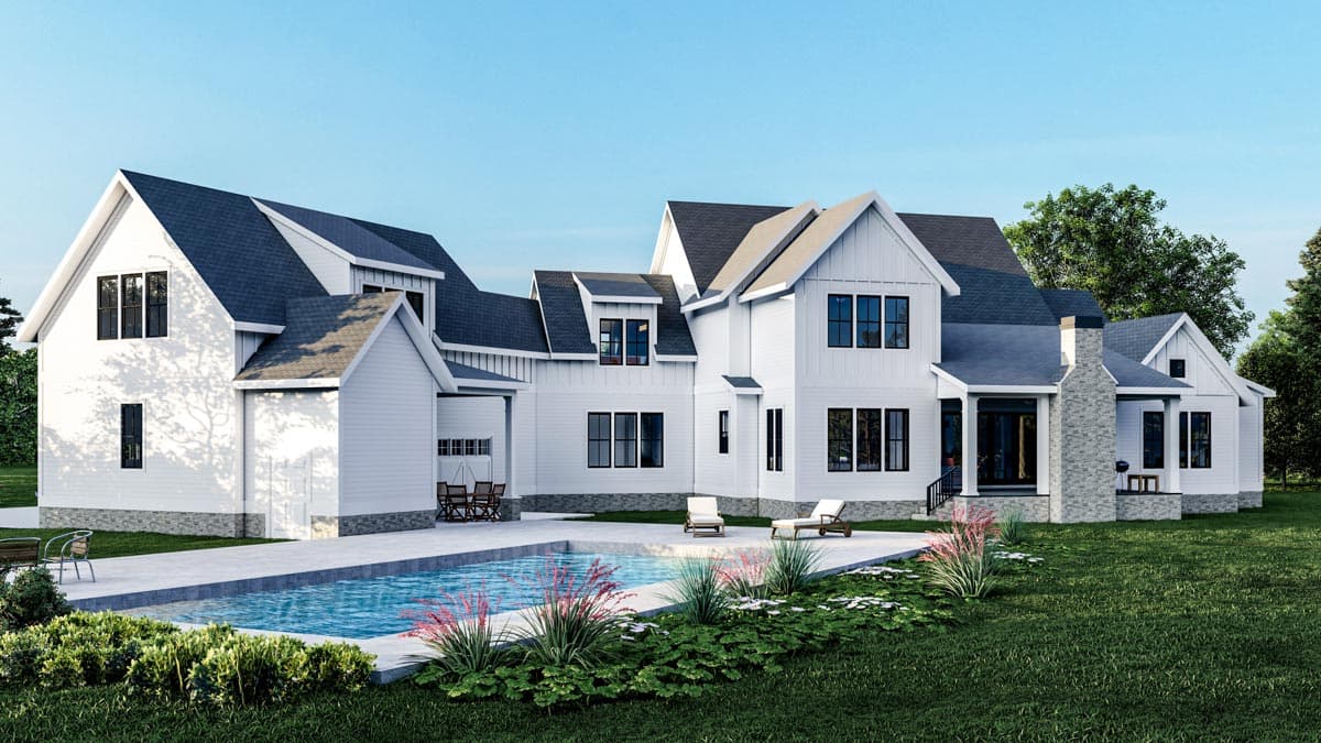 Modern Farmhouse house plan exterior with multiple gables, dormers, white siding, and stone accents. Two stories.