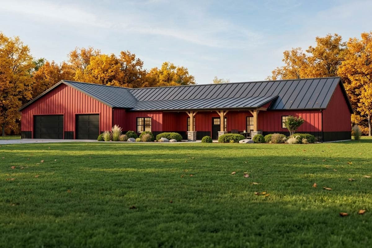 House plan exterior. One-story structure in a barn style with a covered porch and a two-car garage. Features a metal roof and board and batten siding.