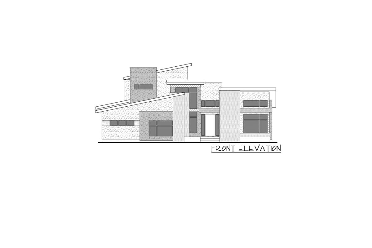 Front elevation drawing of a multi-story modern house with asymmetrical rooflines and large windows.