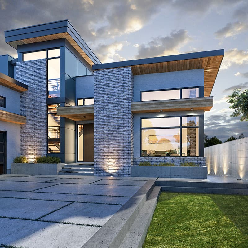 Modern house plan exterior with layered rooflines, stone accents, large windows, and a prominent entrance.