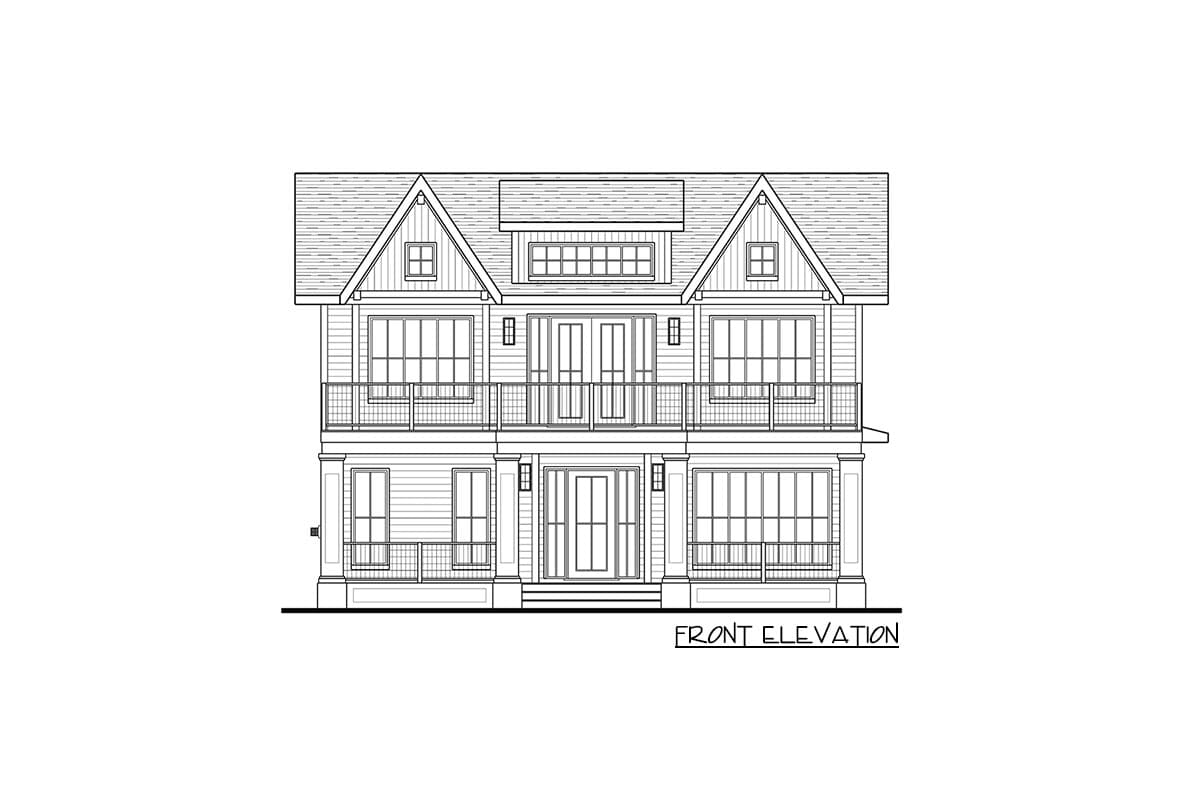 Front elevation house plan drawing showing two stories, gabled dormers, a central dormer, and a second-story balcony.