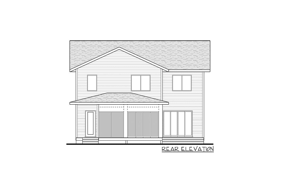 Rear elevation house plan showing a two-story home with vinyl siding, gabled roof, and multiple large windows.