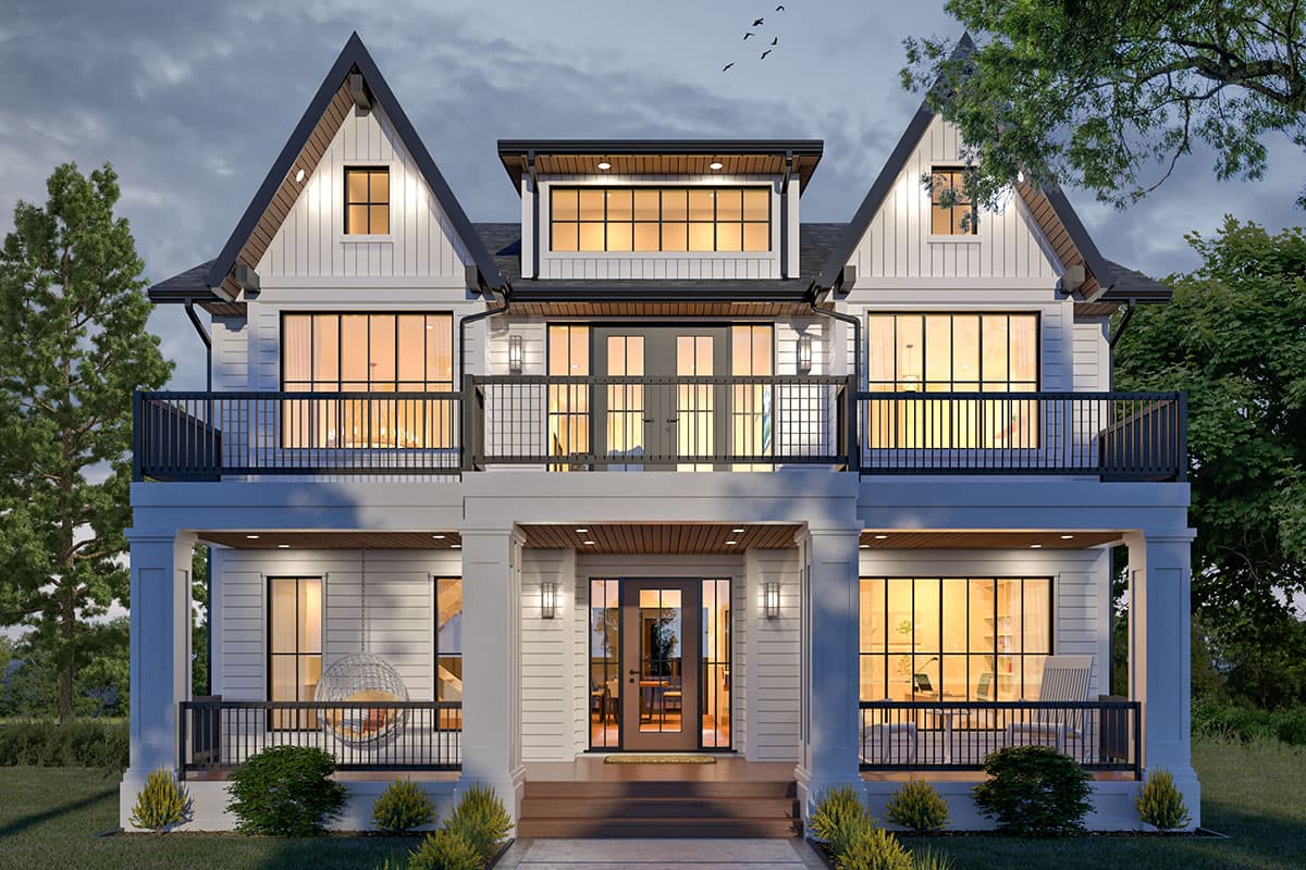 House plan exterior with a two-story Modern Farmhouse design. Features include gabled rooflines, two balconies, and a covered front porch.