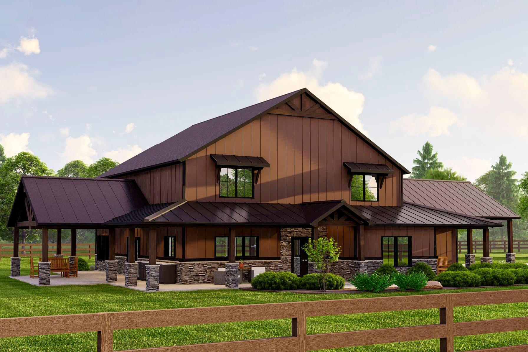House plan exterior. Two-story Modern Farmhouse with a gabled roof, covered porch, dormers, and stone accents.