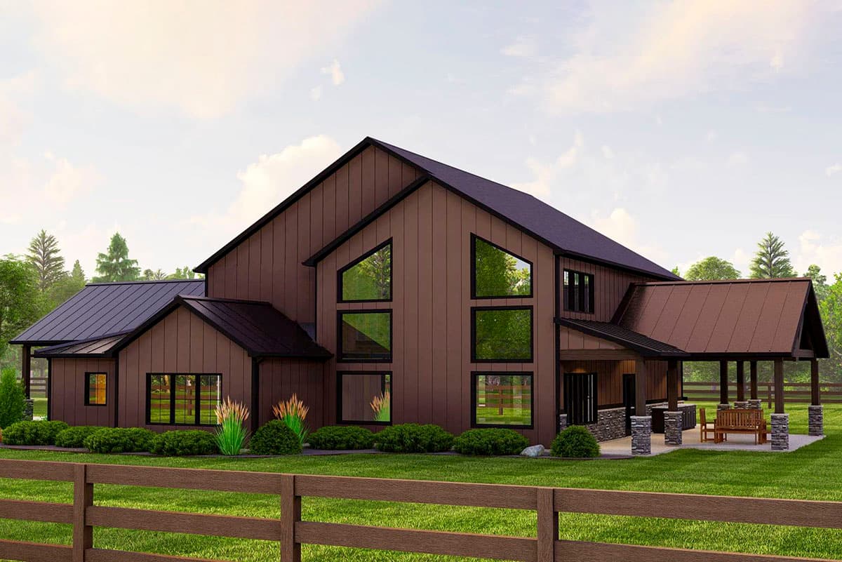 Modern house plan exterior with vertical siding, prominent gables, large geometric windows, and a covered outdoor living area.