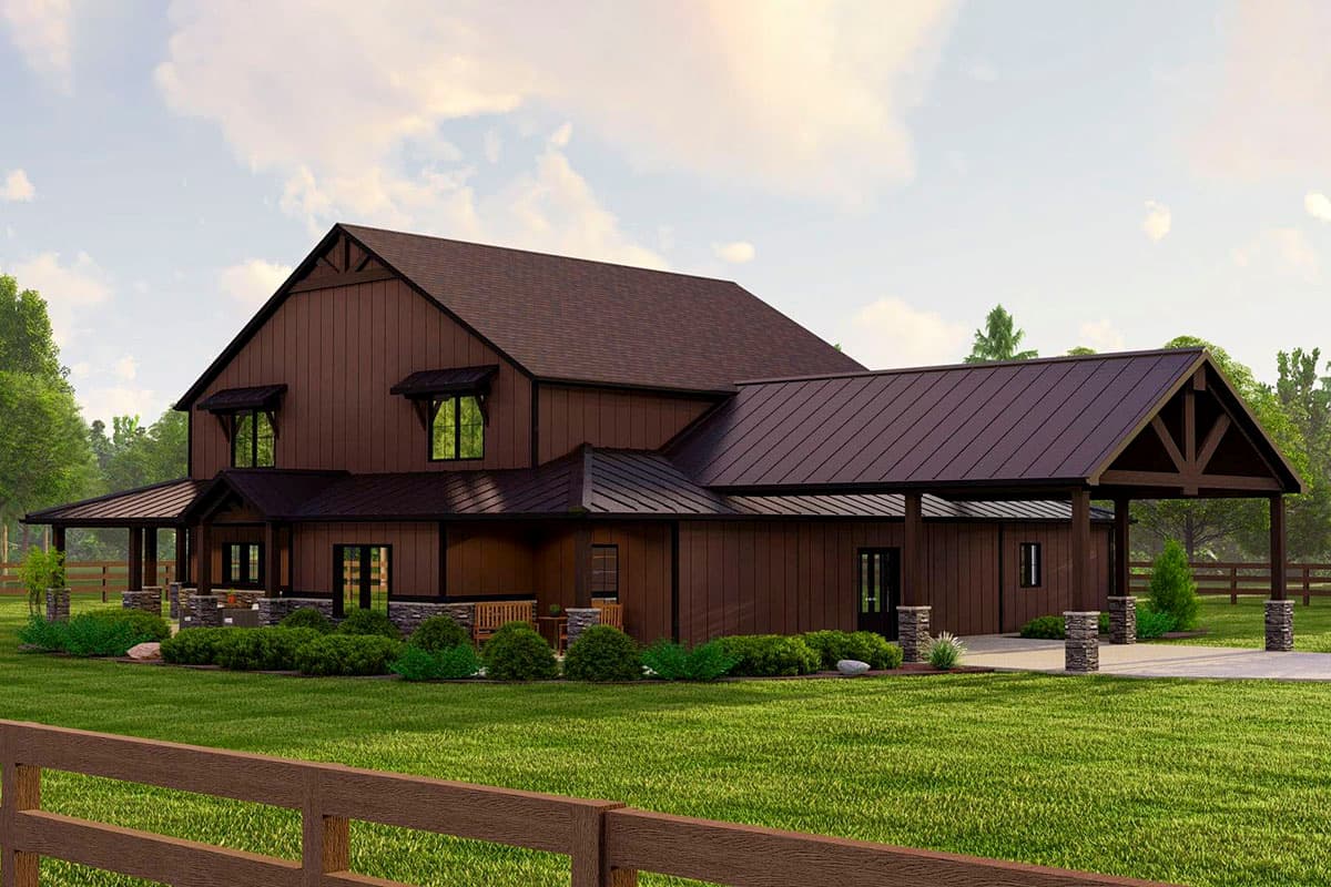House plan exterior showing a two-story Modern Farmhouse with board and batten siding, metal roof, covered porch, and porte-cochere.