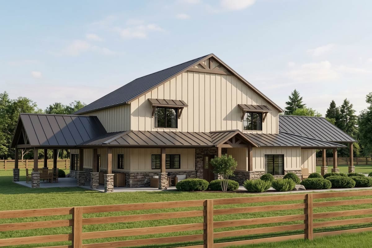 House plan exterior. Two-story Modern Farmhouse with a gabled roof, covered porch, dormers, and stone accents.
