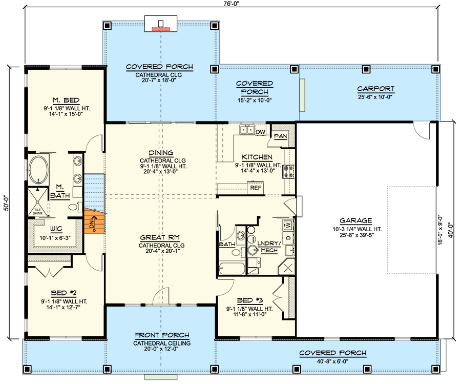 Plan 135183GRA: One-Story Craftsman Barndo-Style House Plan with RV-Friendly Garage - Floor Plan - Basement Stairs Location - Barndominium, Country, Craftsman, Mountain, Ranch, Rustic