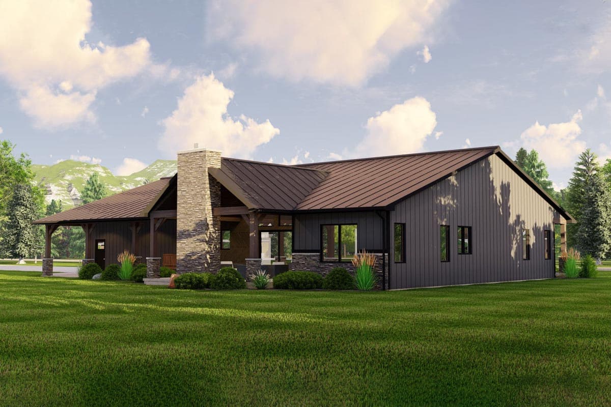 Modern Farmhouse house plan exterior, single story with metal roof, stone chimney, covered porch, and vertical siding.