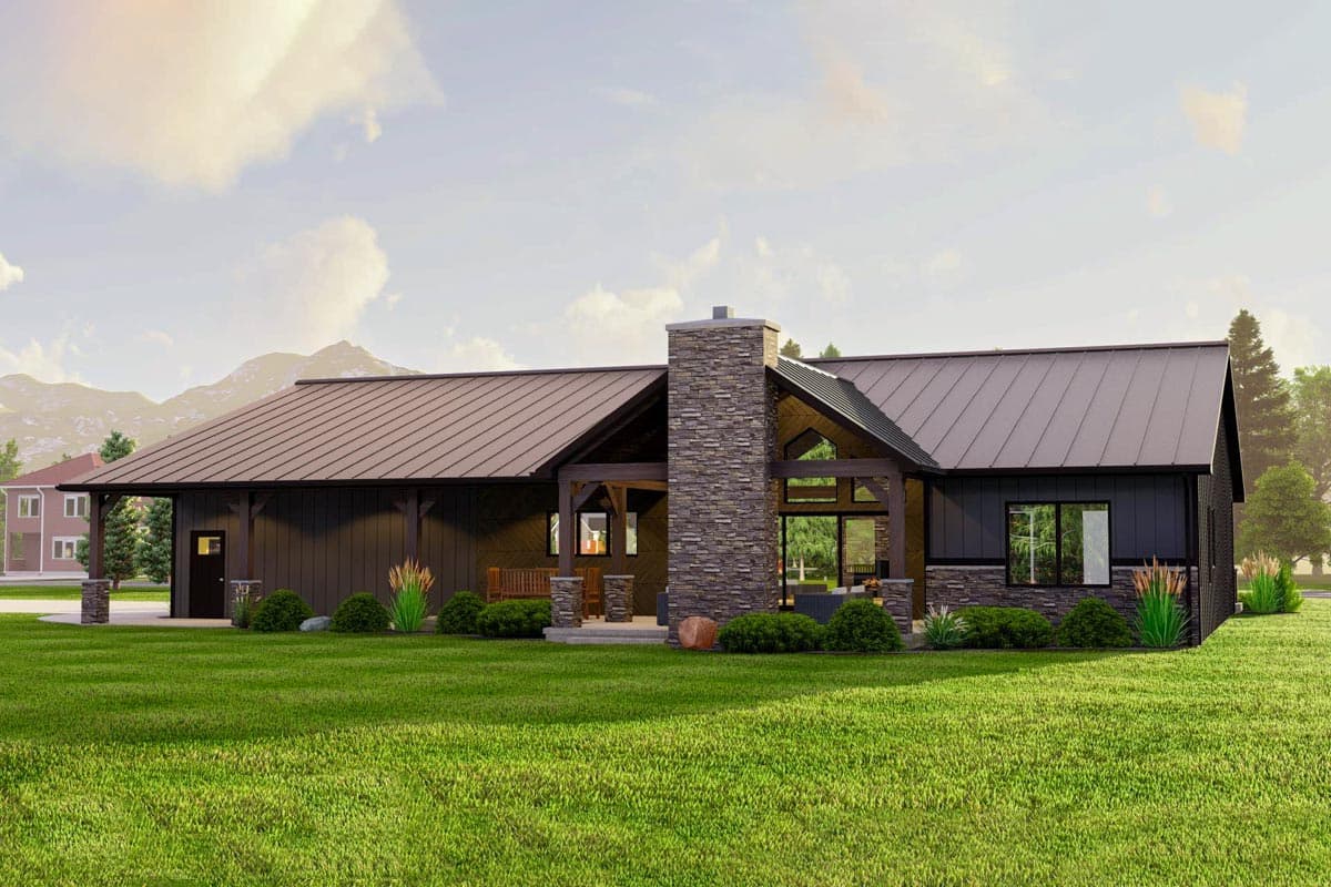 House plan exterior of a single-story modern farmhouse with a gabled roof, stone chimney, and covered porch.