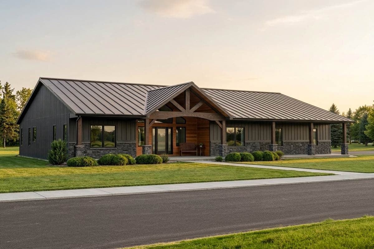 House plan exterior. One-story structure with gable roof, exposed timber frame porch, and stone-veneer accents on the facade.